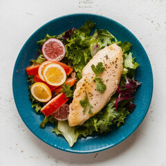 Chicken fillet with salad Healthy food keto diet diet lunch concept Top view on white background