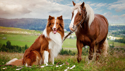 Red Border Collie dog and horse.