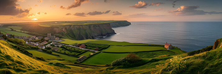 Captivating Sunset over Rural Town and Seaside Cliffs in the UK – A paradisiacal Holiday...
