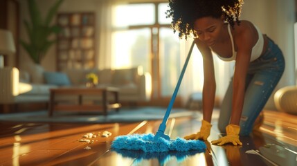 Woman Mopping the Hardwood Floor. - Powered by Adobe