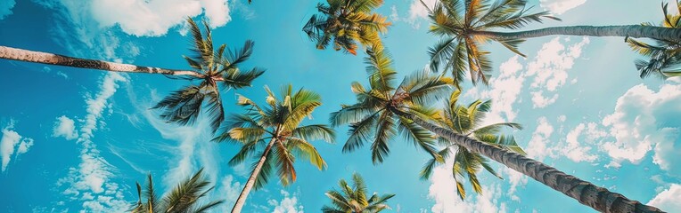 Fototapeta premium Tall Palm Trees under a Clear Blue Sky, Low Angle View