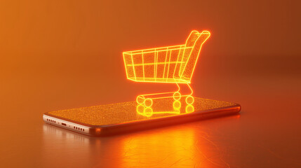 Neon yellow glowing shopping cart on smart phone, 3D illustration