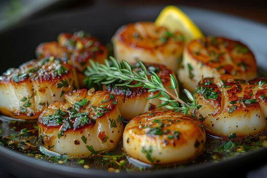Seared Scallops in Herb Oil. Perfectly seared scallops garnished with herbs and spices, served in herb-infused oil.