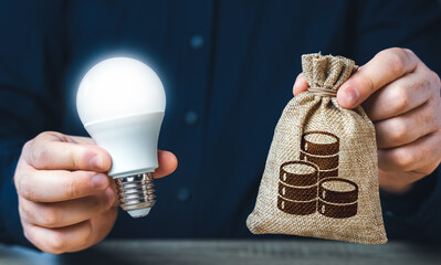Businessman holding a glowing light bulb and a money bag. Investment in an idea. Reduce carbon...
