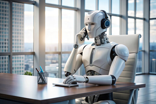 a robot making phone call in an office. AI assisstant concept