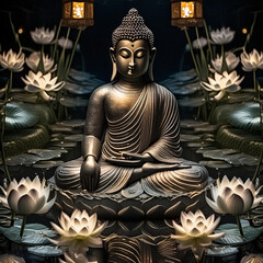 Sacred Serenity: Buddha Statue Amidst Lotus Flowers and Candle Glow on Vesak Day, Perfect for Spiritual Reflection and Meditation Concepts