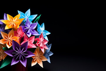 Colorful origami paper flowers on black background with copy space.