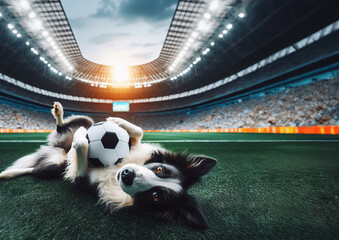 Ein Hund, Border Colli, liegt rückwärts auf dem Rasen in einem Stadion und hält den Ball fest, copy space