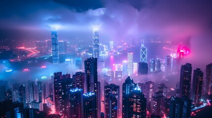 Fototapeta premium The night view of the city, highrise buildings with lights on in red and blue tones, shrouded in fog. The entire skyline is covered in neon light from various tall buildings,full of mystery and future