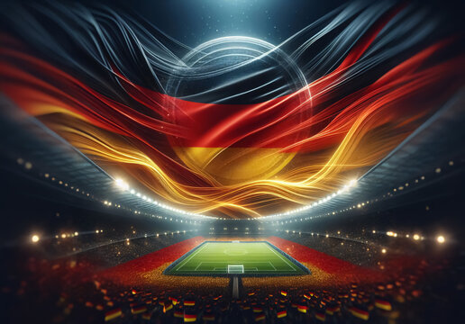 Im Hintergrund weht eine gro&szlig;e Deutschlandfahne, davor ein Stadion, copy space