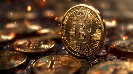 Close-Up of Bitcoins on Dark Surface