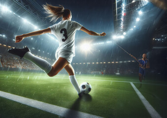 Damen Fußball in einem Stadion mit Bein am Ball, copy space