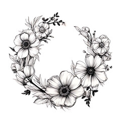 Floral wreath with poppies, flowers and leaves. Hand drawn vector illustration.