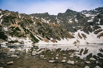 A lake surrounded by snow covered mountains

