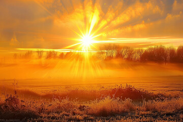 Winter's Golden Morning: Frosty Dawn Over Farmland. A frost-covered farmland, with the rising sun casting a golden glow over the serene winter landscape.