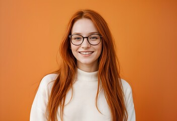 Portrait of smiling woman in glasses on orange background