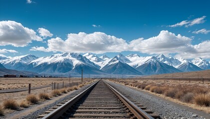 A train track runs through a snowy mountain range