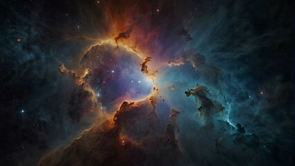 Fototapeta premium Abstract background of space nebula with stars and galaxies. Concept of space with blue, black, pink and orange colors. AI Generated