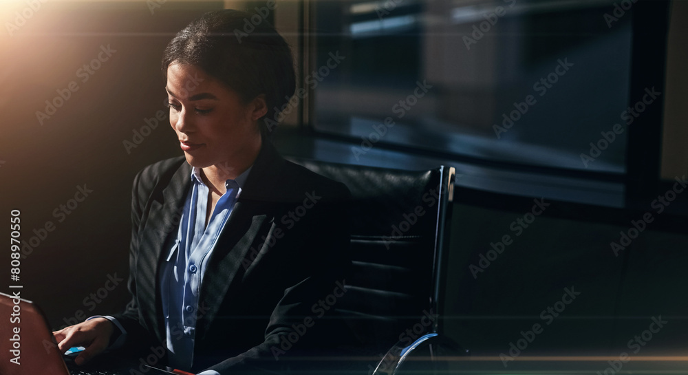 Wall mural businesswoman, laptop and desk for online research at night as investment banker, project or deadlin