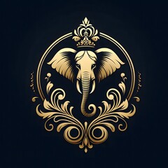 Fototapeta premium AI Generate of Luxury Elephant Gajah Crown Logo Concept Stock Vector with Dark Black Background 