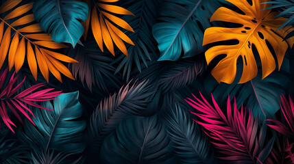 A colorful background of leaves and flowers with a blue and orange hue