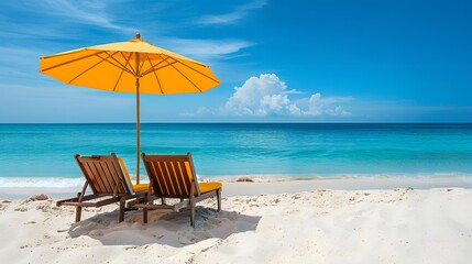 Two beach chairs and a umbrella on the white sand on a sunny day, with a blue sea in the background. A summer vacation concept banner with copy space for text