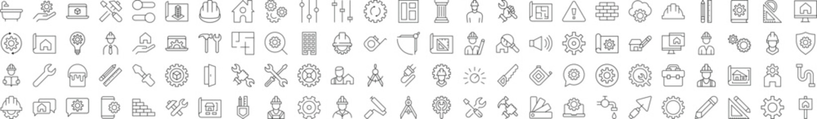 Outline Signs of Repair, Renovation, Building, Construction for Adverts. Suitable for books, stores, shops. Editable stroke in minimalistic outline style. Symbol for design