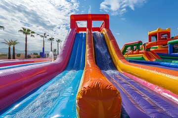 Expansive view of multiple colorful inflatable water slides in an outdoor setting under a clear blue sky with palm trees - Powered by Adobe