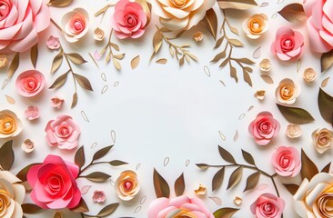 Spring flowers and leaves frame the background for Mother's Day with the text "happy mother day". A paper cutout style features pink roses and peach colored flowers