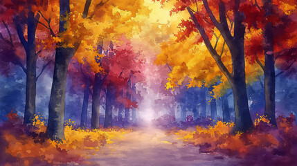 A painting of a forest with trees in various shades of red, orange, and yellow