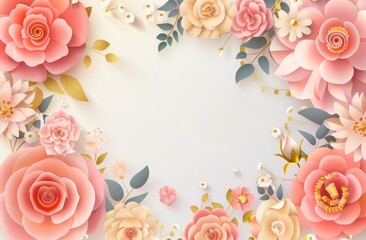 Spring flowers and leaves frame the background for Mother's Day with the text "happy mother day". A paper cutout style features pink roses and peach colored flowers