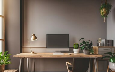 A minimalist home office setup featuring a sleek desktop computer, wooden desk, and vibrant houseplants, creating a productive and serene environment.