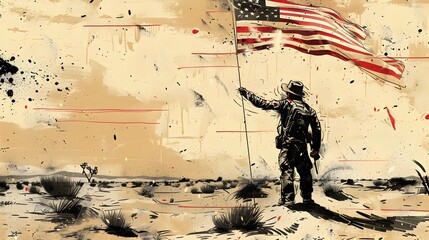 Lone Patriotic Soldier Waving American Flag in Gritty Desert Landscape