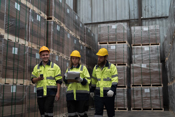 Male and female warehouse worker working in lumber storage warehouse. Workers working in timber...