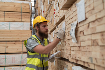 Male warehouse worker working and inspecting barcode of products in wooden warehouse storage. Male construction worker at wooden warehouse