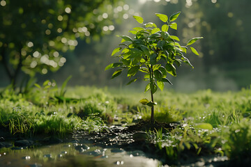 A small green tree emerging from underground, symbolizing growth, nature, and renewal.