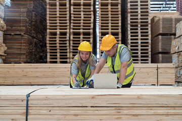 Male and female warehouse worker working in lumber storage warehouse. Workers working in timber storage warehouse. Manufacturing and warehouse concept
