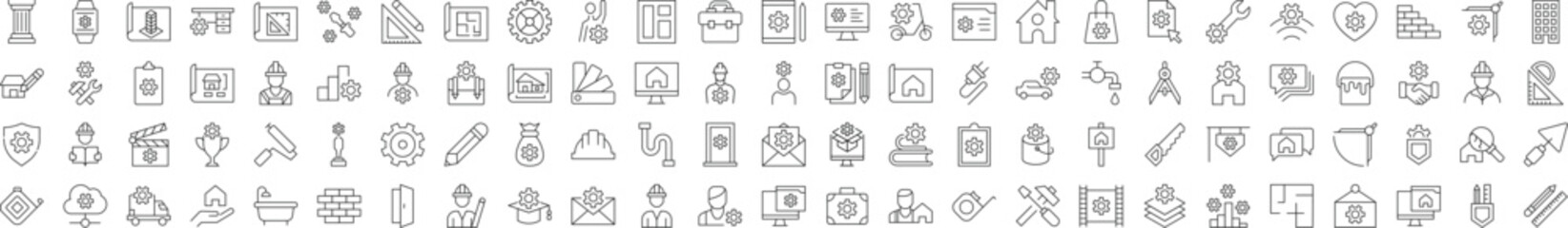 Collection of Signs of Repair, Renovation, Building, Construction. Suitable for books, stores, shops. Editable stroke in minimalistic outline style. Symbol for design