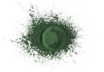 Organic spirulina powder, raw isolated on white, top view