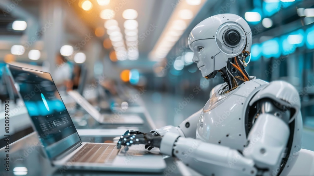 Poster A humanoid robot with advanced design is interacting with a laptop in a modern, technology-driven environment.