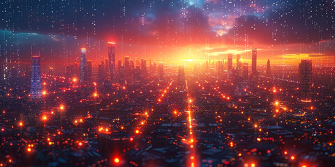 Vision of Cyber City Future - Futuristic Cityscape Abstract, New Society Generation, Advanced Infrastructure Galaxy, Cyberpunk Hand-Drawn Illustration