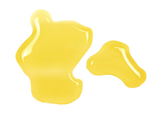 Puddle of orange soft drink, droplets isolated on white background, clipping path, top view