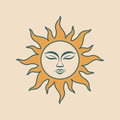 Retro orange sun with dark outline and calm face on beige background. Vector logo or icon.