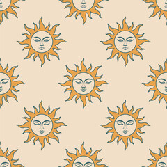 Retro orange sun with dark outline and calm face on beige background. Vector seamless pattern.