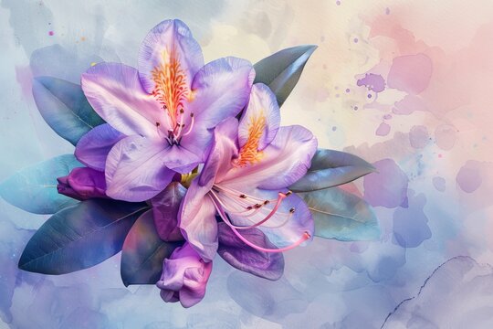 With delicate brushstrokes, the Rhododendron flower graces the canvas in watercolor, its clusters of delicate petals and glossy leaves capturing the essence of its wild beauty and natural grace.