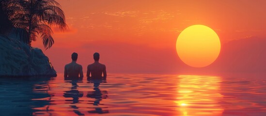 Serene Sunset Swim in Tropical Paradise Men Enjoy Peaceful Evening by the Calm Shores