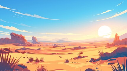 Summer vector illustration with beautiful background. Desert, sand, mountains, grass, cactus, sky, sun and clouds.