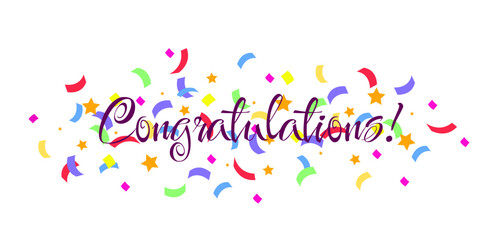 Congratulations paper confetti sign. Congratulations confetti banner. Congrats card with color confetti, congratulation lettering banner