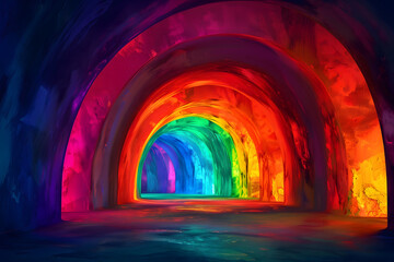 An abstract illustration of glowing arches in a variety of vibrant colors