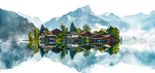 Scenic view of alpine village on a reflective lake isolated on transparent background png